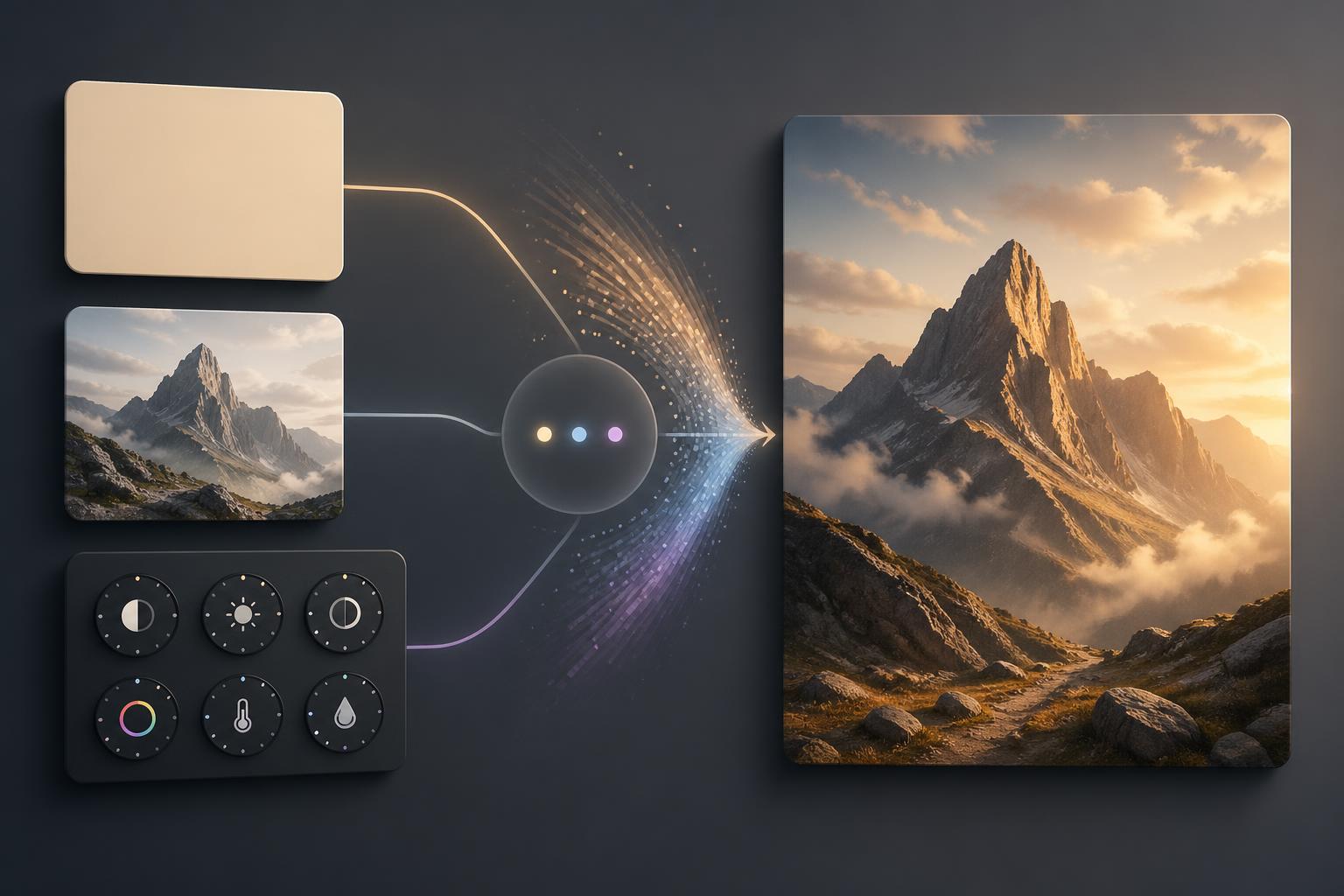 abstract flow from prompt and references to polished visual assets